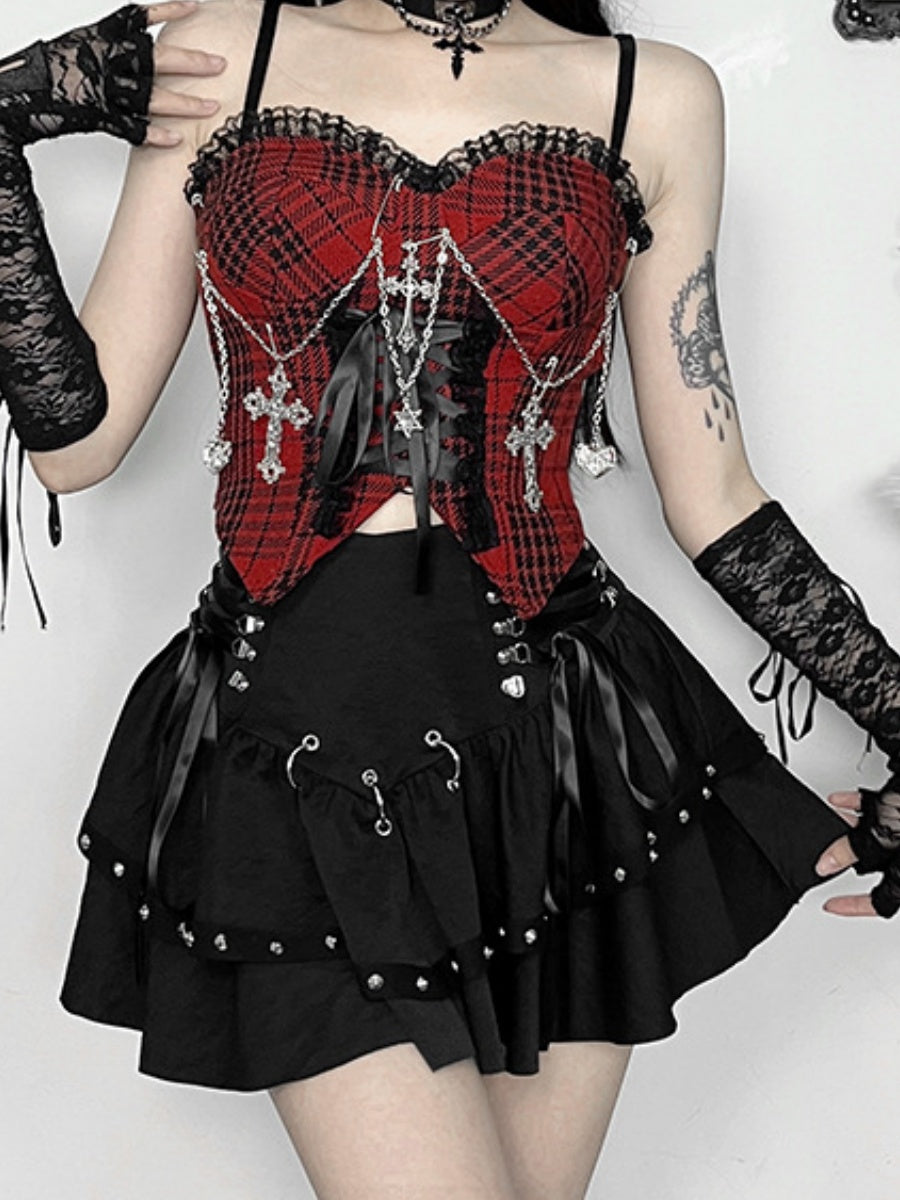 Bandage Metal Double Layer Black Waist Skirts