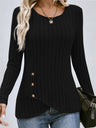 Threaded Groove Strip Waist-cinching Round Neck Buttons Long Sleeves T-shirts