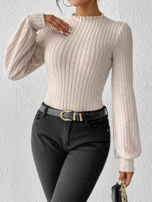 Ruffled Hem Stand Collar Lantern Sleeve Long-sleeved Knitted Brushed Ribbed Bodysuit Top