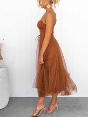 Mesh Lace Up Fishbone Camisoles Midi Dresses