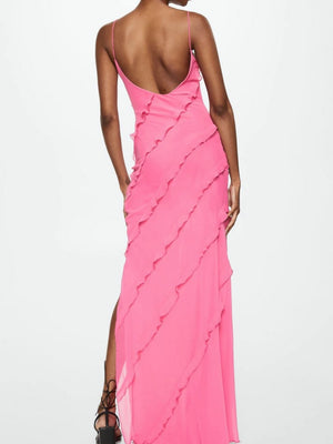 Ruffle Backless And Slit V-neck Suspenders Maxi Dresses