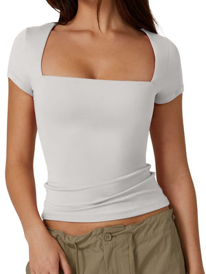 Square Collar Short Sleeves Slim-fit T-shirts