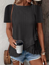 Jacquard Hollow Out Ruffle Crew Neck Short Sleeve T-shirts