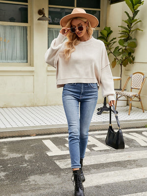 Liber Autumn Women's Crew Neck Raglan sleeves Jacket Short Loose Long sleeve Sweaters