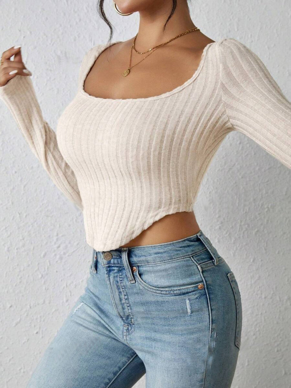 Square Neck Long-sleeved Irregular Hem T-shirt Top With Brushed Ribbed Long-sleeved Knit Sweater