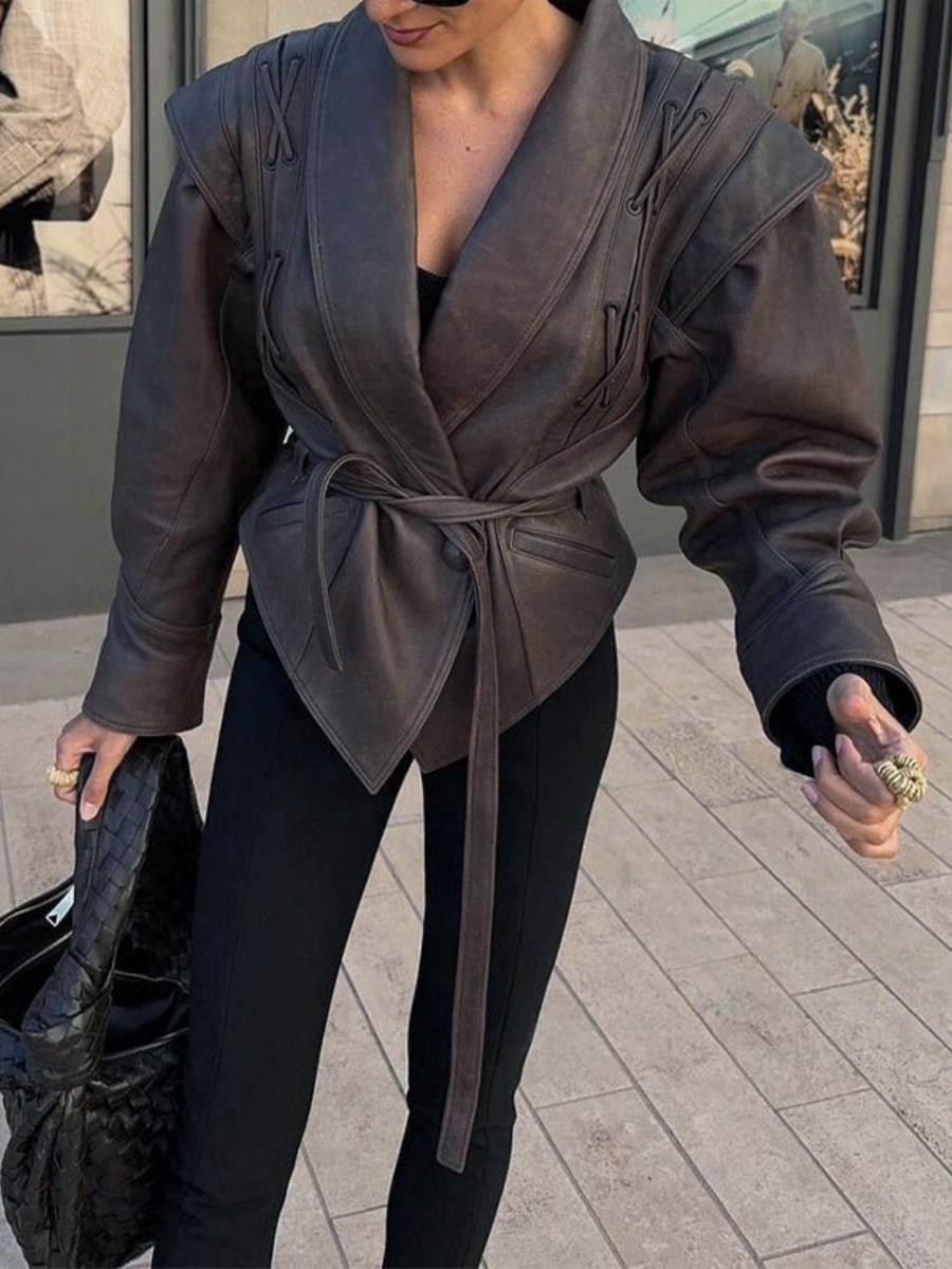 Lapel Lace Up Long Sleeve Leather Jacket