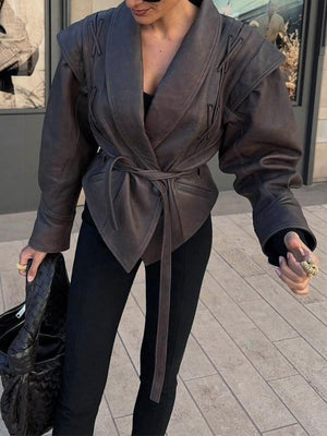 Lapel Lace Up Long Sleeve Leather Jacket