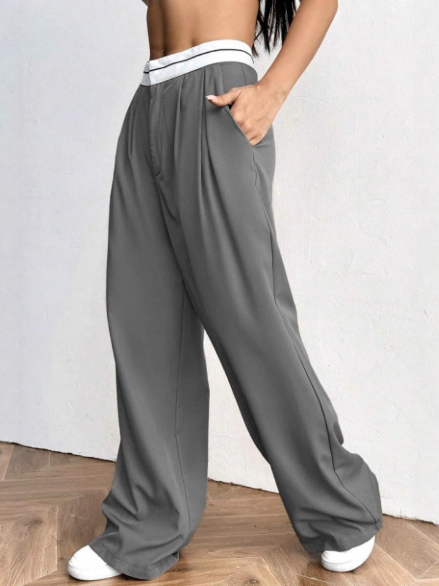 Color-blocked Belted Wide-leg Suit Trousers
