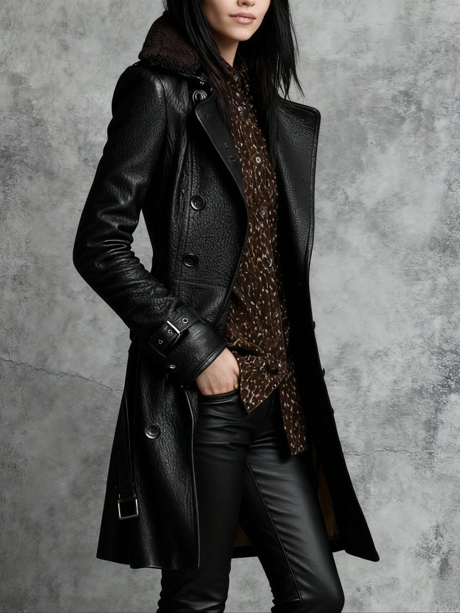 Schwarze, voluminöse Pelzkragenknöpfe, mittellange Lederjacken