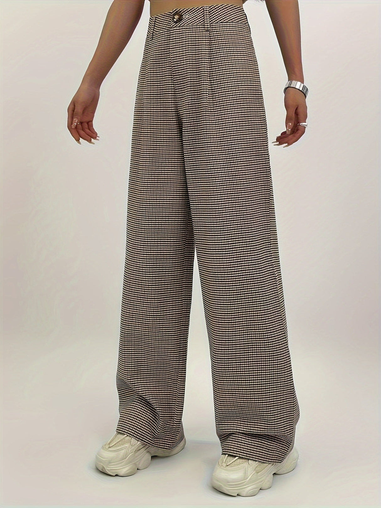 Plaid Print Button Pleated High Waist Loose Straight Casual Plaid Pants