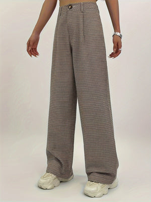Plaid Print Button Pleated High Waist Loose Straight Casual Plaid Pants