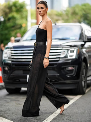Irregular Sloping Shoulders Wide Leg High Waist Jumpsuits