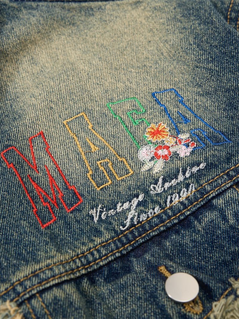 Washing Colorful Letter Embroidery Loose Denim Jacket