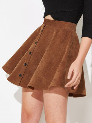Solid Color Corduroy Single-breasted Buttons High Waist Skirts