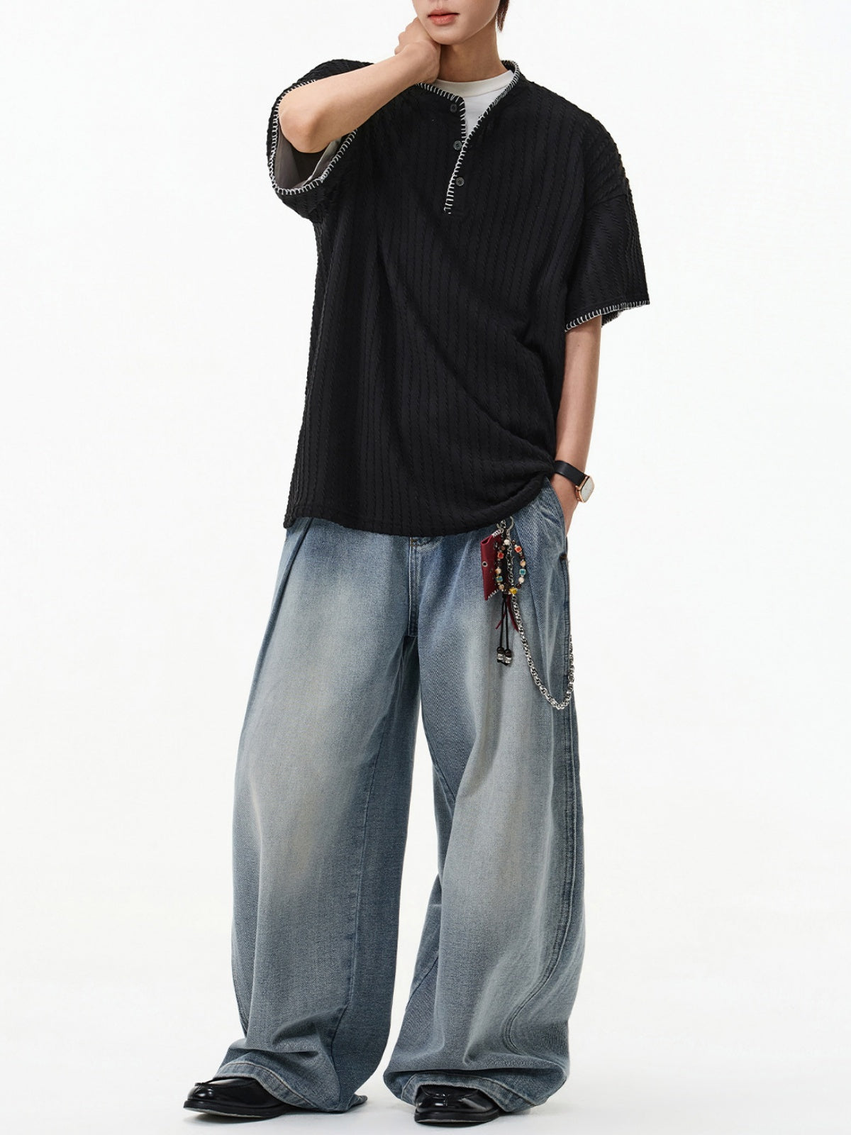 Color-blocked Henry's Collar Knitting T-shirts