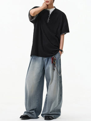 Color-blocked Henry's Collar Knitting T-shirts