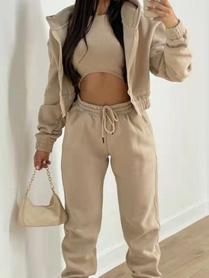 Solid Color Minimalist Hooded Sweatshirt And Casual Sports Pants 3-piece Sets