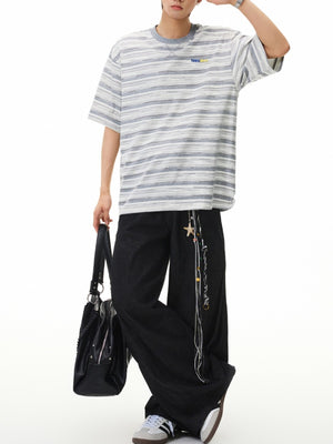 Color-blocked Stripes Letter Applique T-shirts