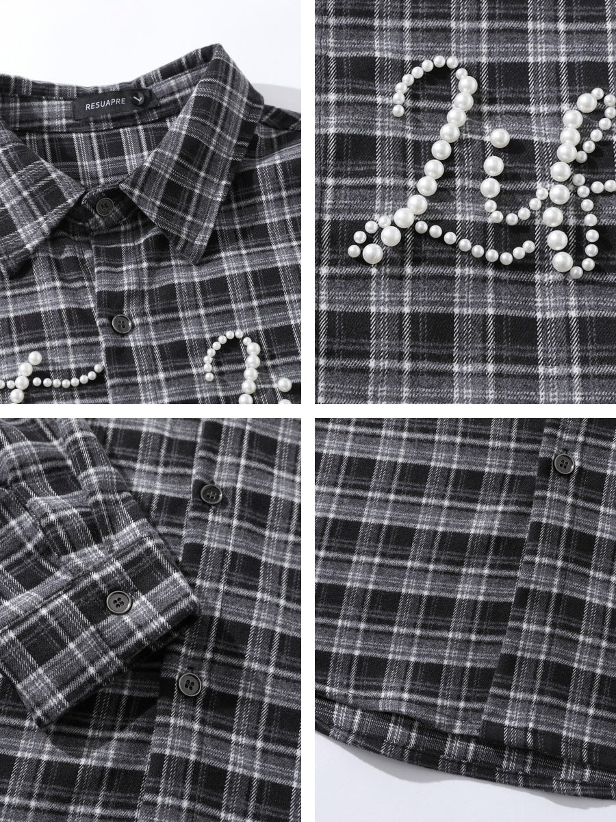 Liber Autumn Neutral wear Beading Plaid Shirts
