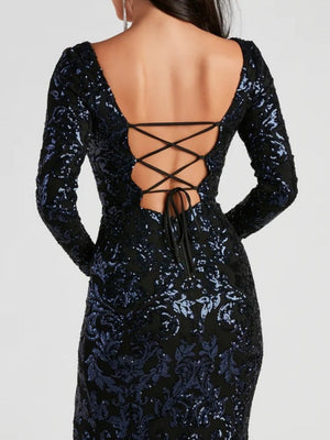 Liber Autumn women's sequins High slit Long-sleeved square-neck long dress