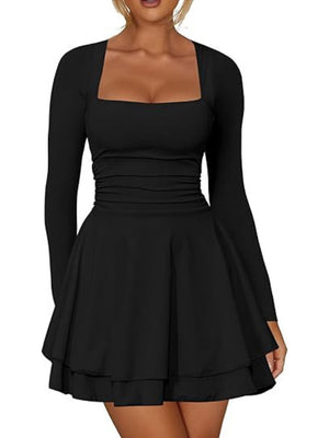 Mini- und Kurzkleider mit eckigem Ausschnitt, langen Ärmeln, Falten, einfarbig, figurbetont