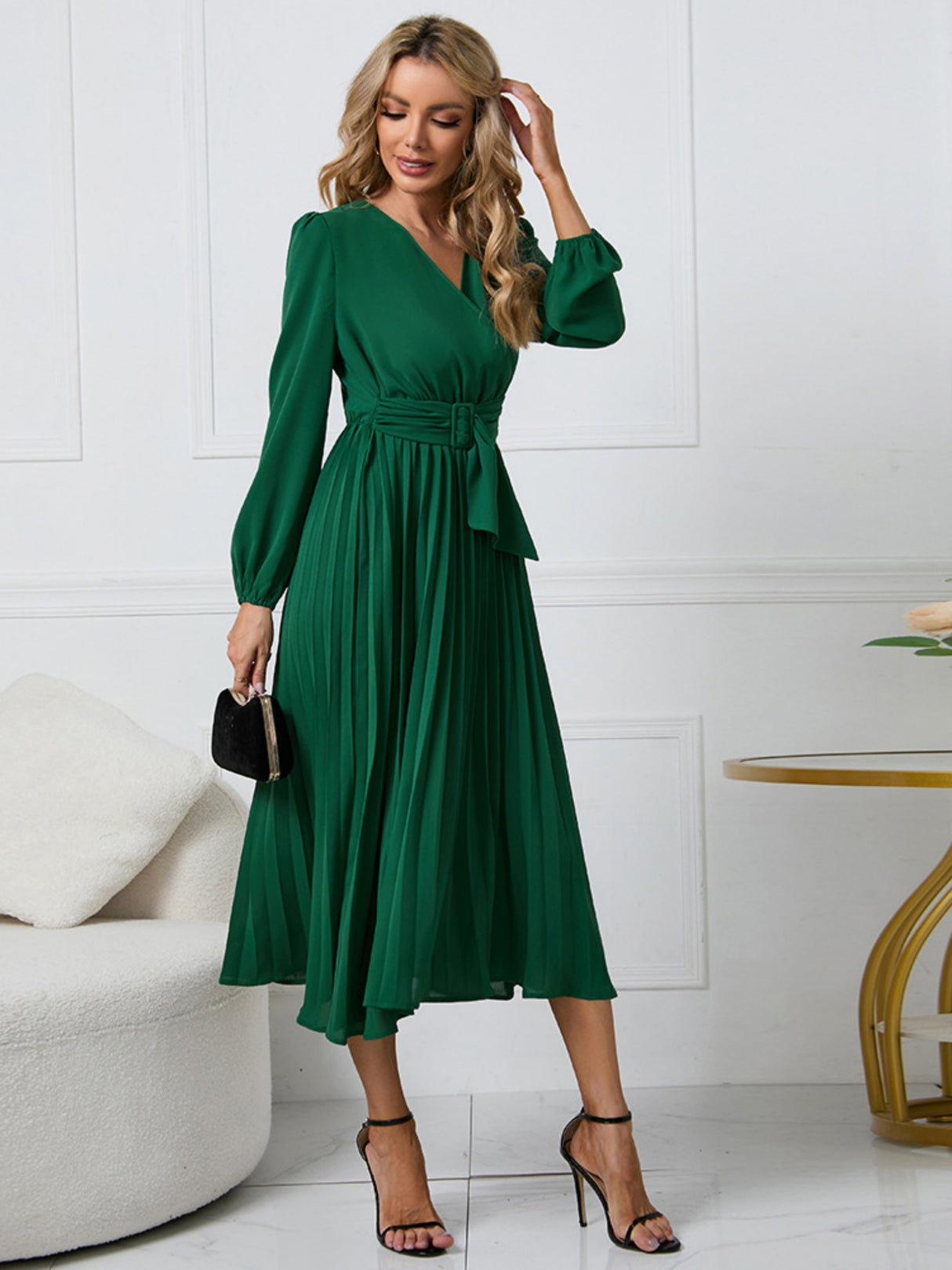 Pleated Skirt V-neck Tie Maxi Dresses