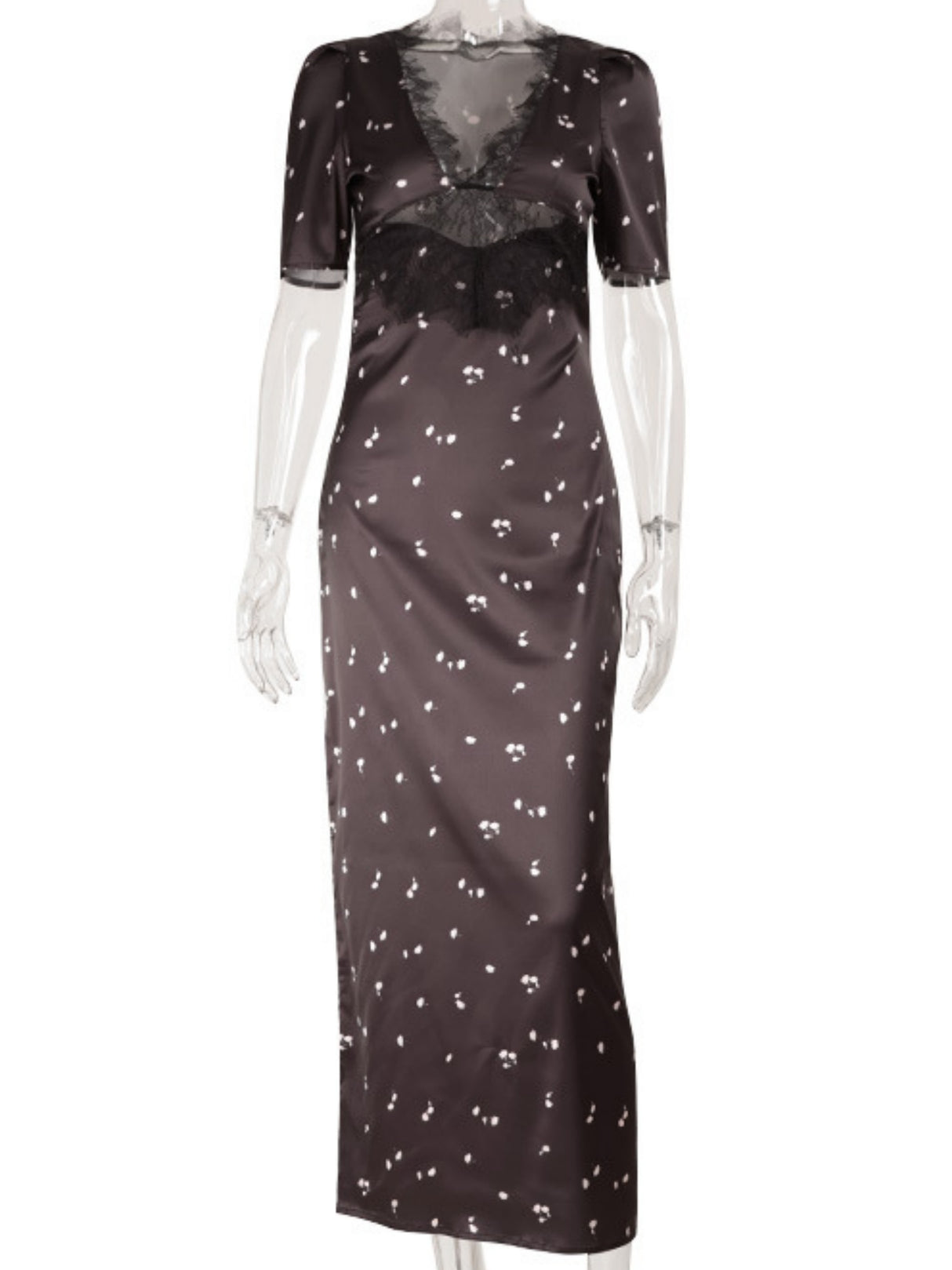Polka Dots Satin Lace Patchwork V-neck Cutout Maxi Dresses