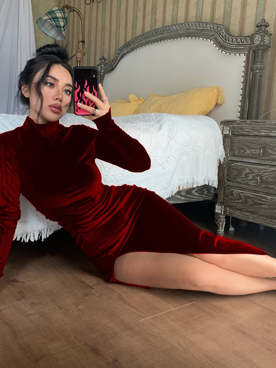 Tight-fitting Mercerized Velvet Turtleneck High Slit Midi Dress