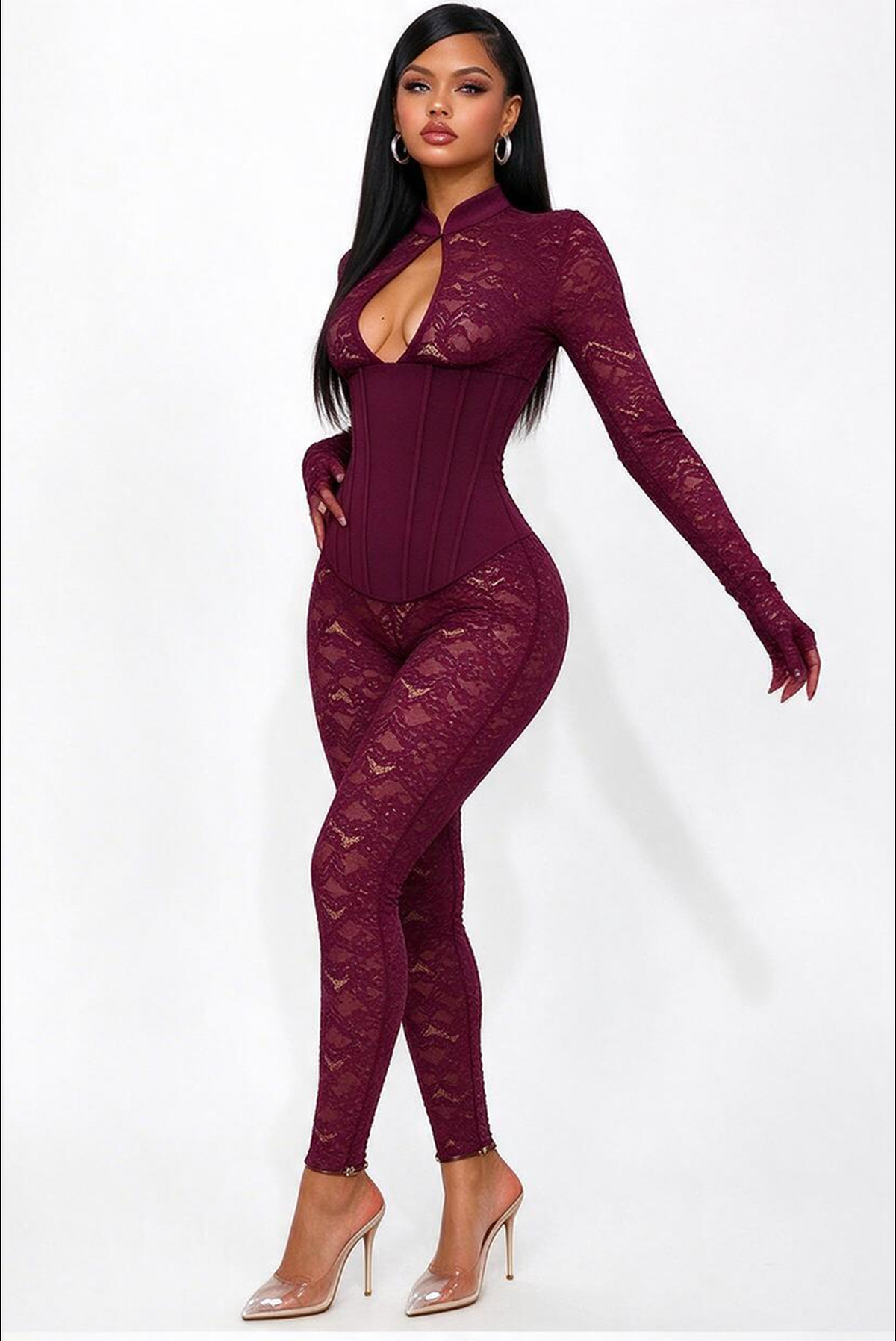 Lace-trimmed Cheongsam-style Fitted Bodycon Jumpsuit