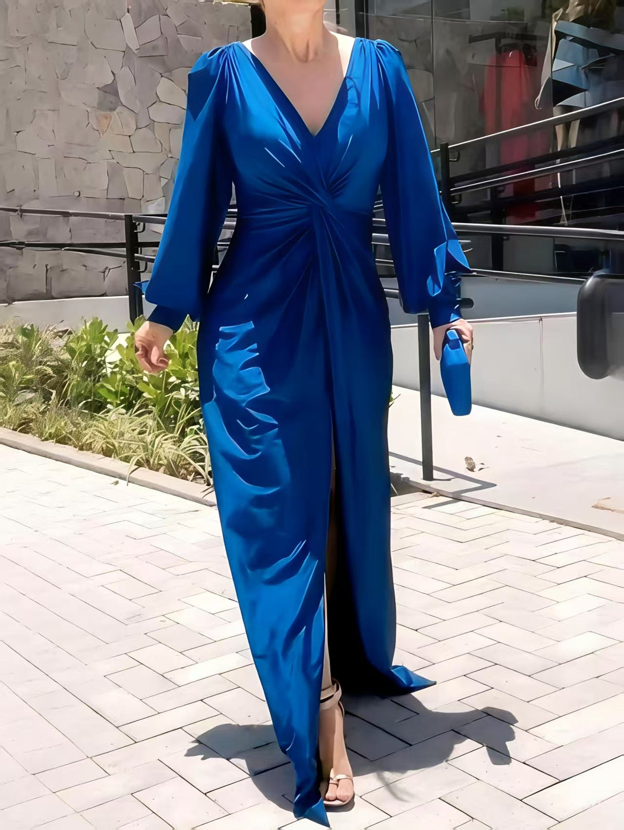 V-neck Solid Color Long Sleeve Slim Fit Slit Maxi Dresses