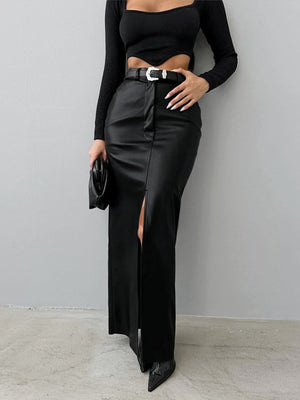 Leather Stitching High-waisted Slim Fit Hip Body Slit Long Skirts
