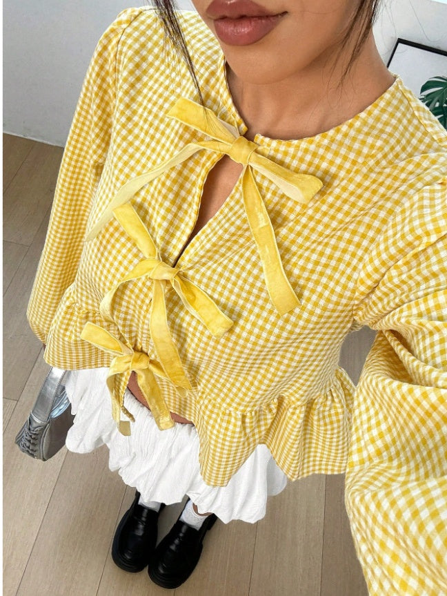 Asian Korean Style Plaid Loose Bow Long-sleeved Shirt