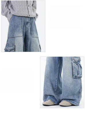 Old Washing Multiple Pockets Tooling Wide-leg Mopping Jeans