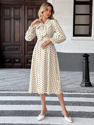 Bow Tie Collar Long Sleeve Waist Polka Dots Midi Dresses