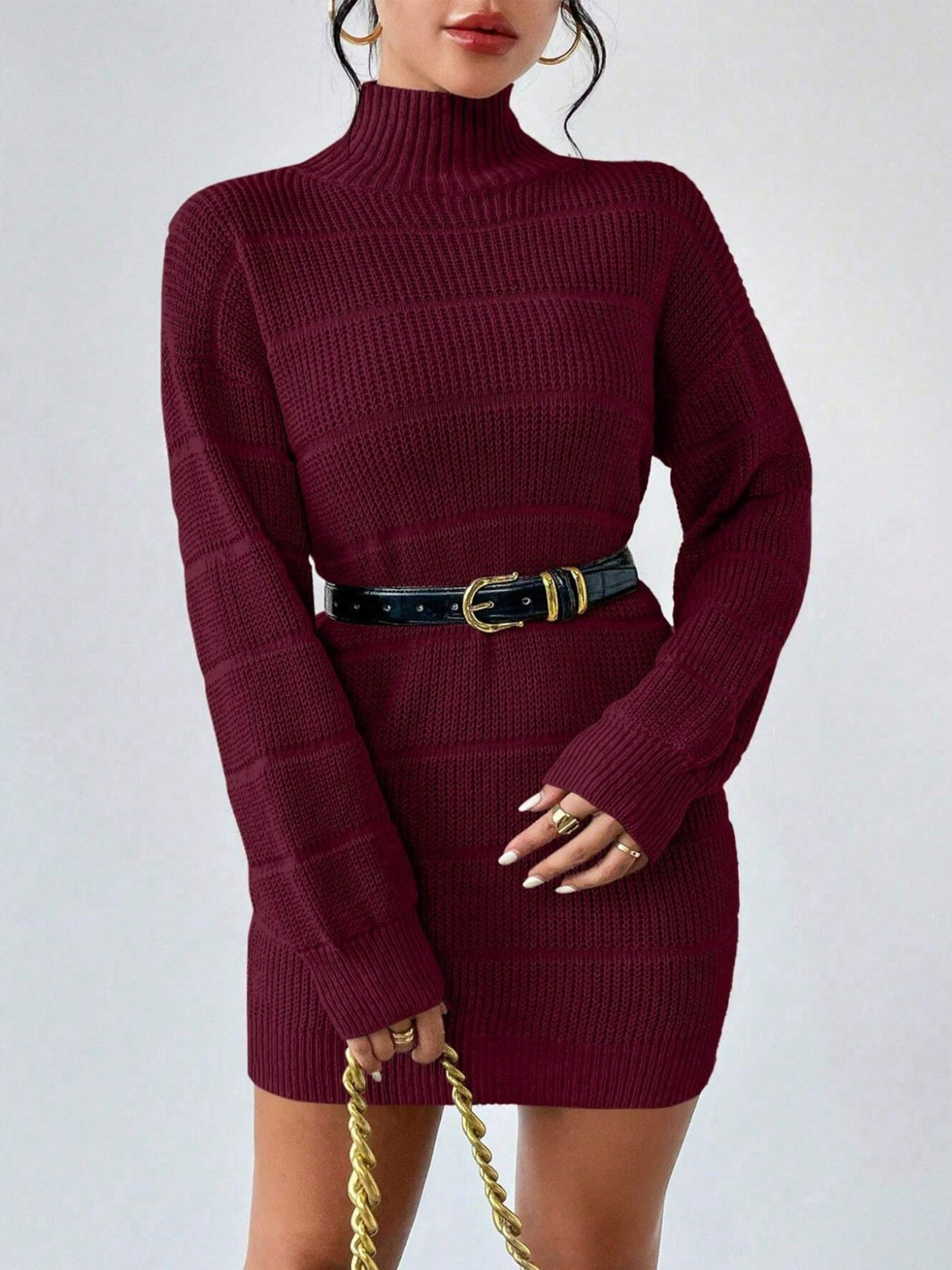 High Collar Long Sleeve Waist-cinching And Hip-hugging Knitted Sweaters Midi Dresses