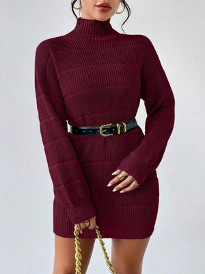 High Collar Long Sleeve Waist-cinching And Hip-hugging Knitted Sweaters Midi Dresses