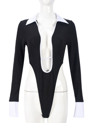 Hollow Out Crotch POLO Collar Color-blocked High Elasticity Jumpsuits&Bodysuits