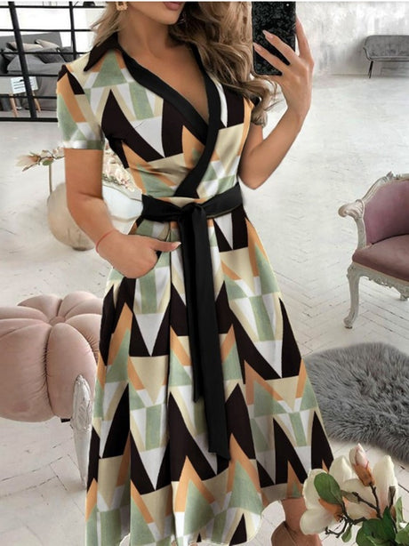V-neck Printed Bodycon Short-sleeved Midi Dress