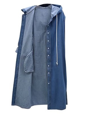 Long Denim Jacket, Loose Fit Casual Style Hooded Coat