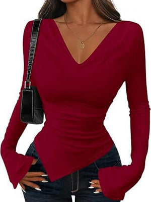 V-neck Asymmetrical Hem Slim Fit Slimming Stack Collar Basic T-shirts