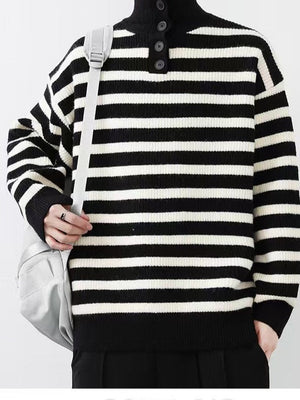 Contrasting Colors Stripes Thickening Red Turtleneck Sweater