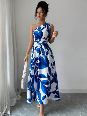 Sloping Shoulders Printed Slit Vacation Leisure Maxi Dresses