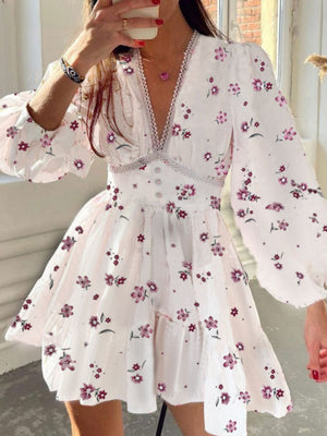 Floral Lace Deep V-neck Waist Puff Sleeve Sweet Mini&Short Dresses