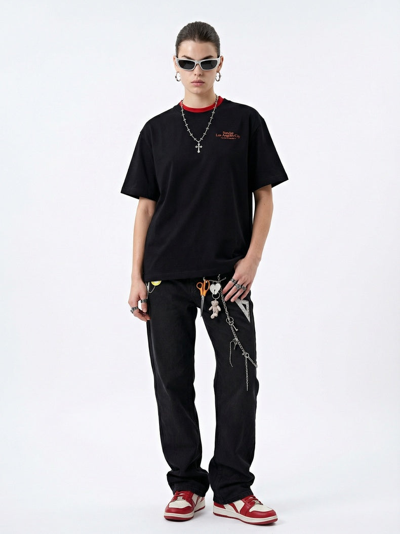 Color-blocked Double Collar Printed T-shirts