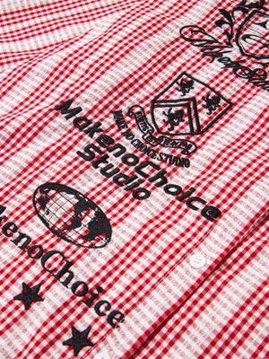 Plaid Retro Vibe Badge Embroidery Lapel Long-sleeved Shirt