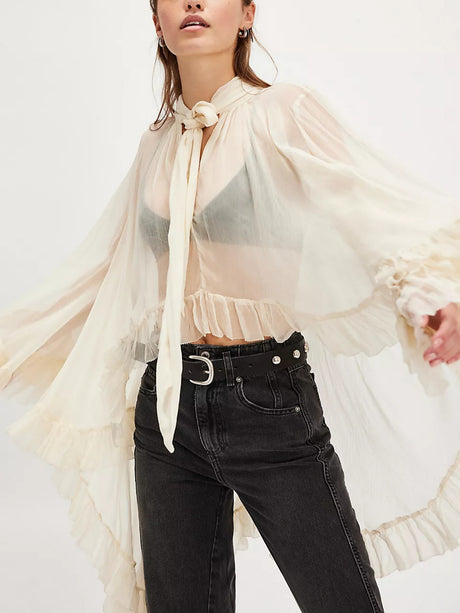 Ruffle Straps  Flare Sleeve See-through Cover-up