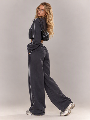 Stand-up Collar Zipper Long-sleeved Wide-leg Pants Two-piece Set