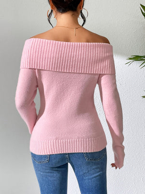 Liber Autumn women's knitted off-shoulder one-shoulder pullover mesh see-through top