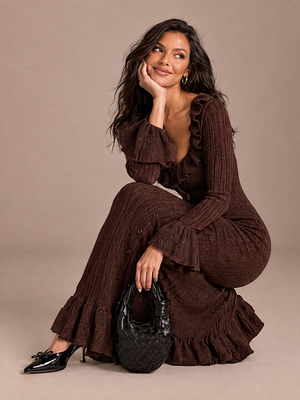 U-neck French Long-sleeved Simple Ruffled Knit Maxi Dress