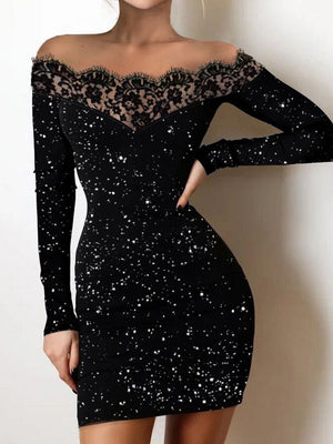 Off-the-shoulder Lace Splicing Sexy Silver-stamped Off-shoulder Bodycon Black Evening Mini Dress